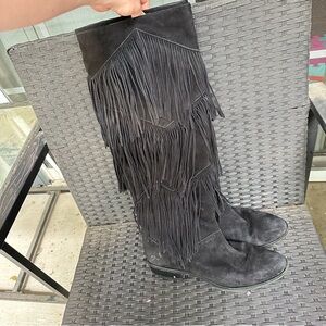 Sam Edelman Boots Sz 10 Black Pendra Layered Fringe Suede Boho Cowgirl Western